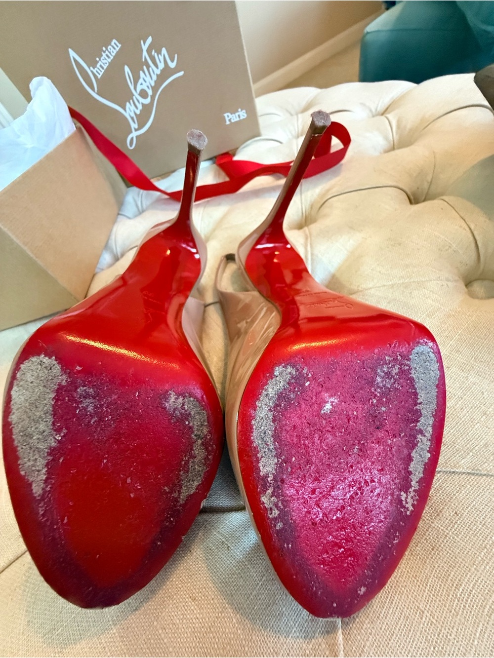 Christian Louboutin Nude Patent Peep-Toe Slingback Heels - Picture 4 of 9